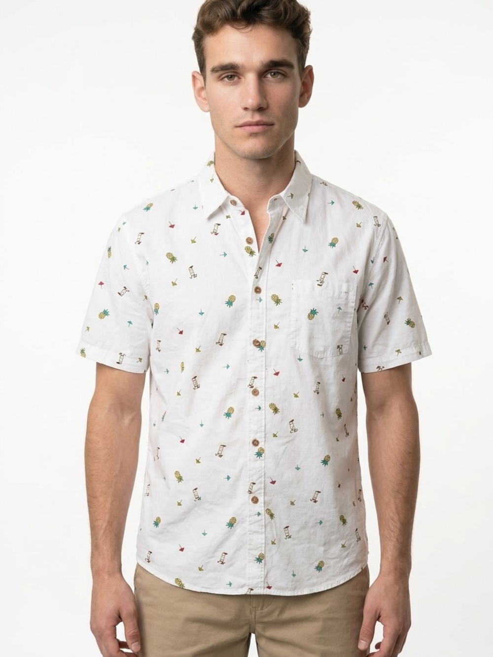 Ocean Current White Short-Sleeve Tropical Print Button-Down Shirt